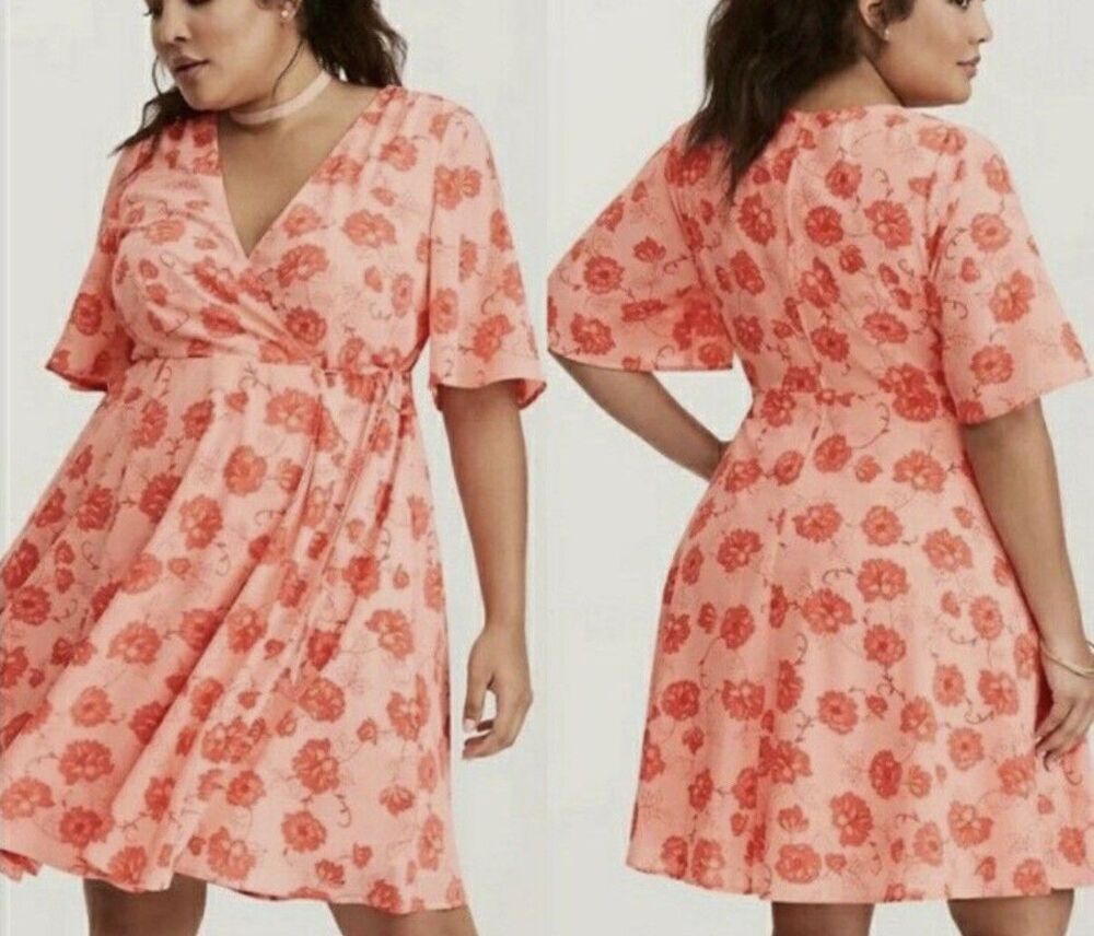 Torrid Floral Georgette Wrap Dress Womens Plus SZ 20 Red Coral Sienna Garden